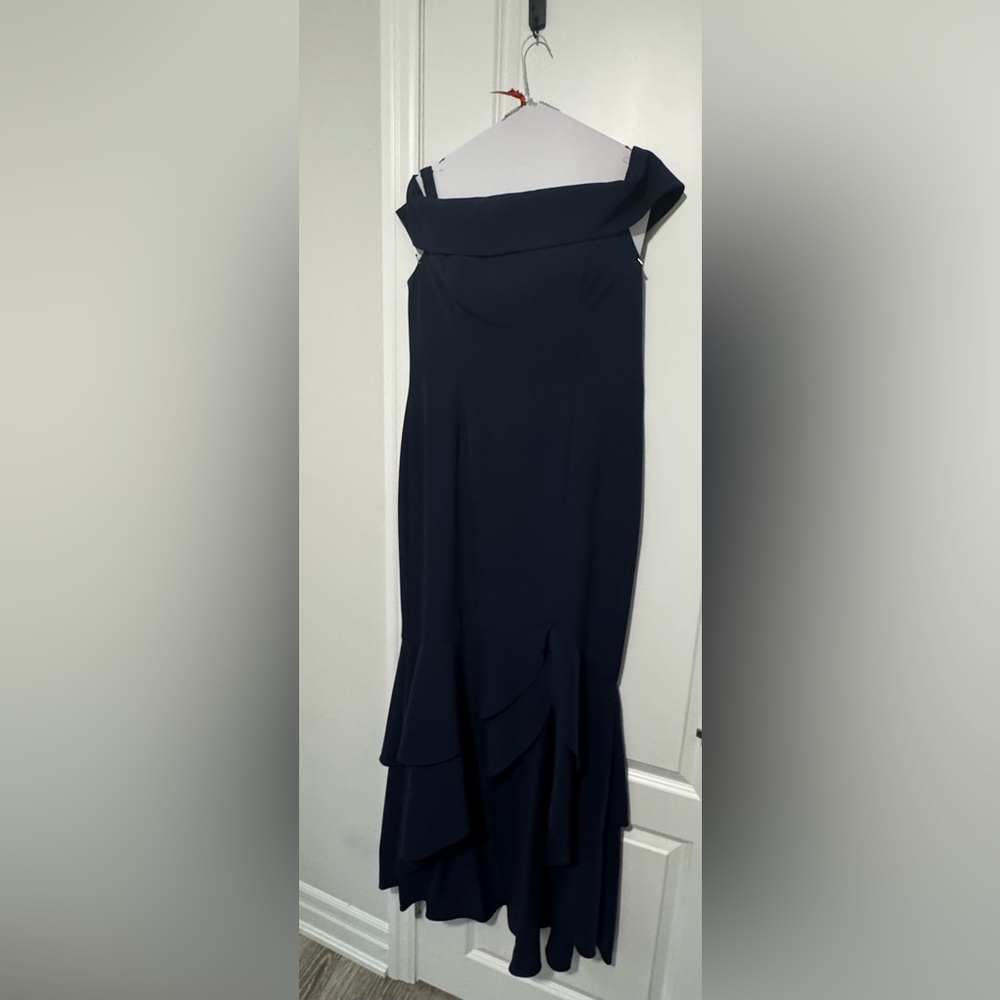Adrianna Papell Navy Off-the-Shoulder Maxi Gown - Picture 3 of 10